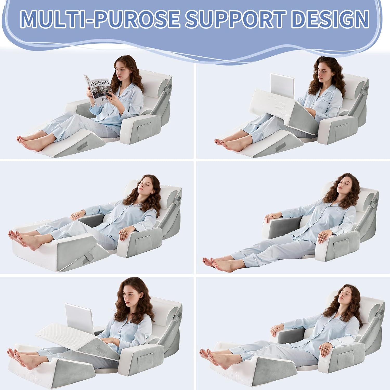 9PCS Orthopädische Bett Keil Kissen Set, Post Chirurgie Schaum Kissen für Körper, Rücken und Beine Schmerzlinderung, Justierbare Stützkissen mit Säure Reflux Schlafkissen Bed Wedge Pillow Hellgrau – Bild 5
