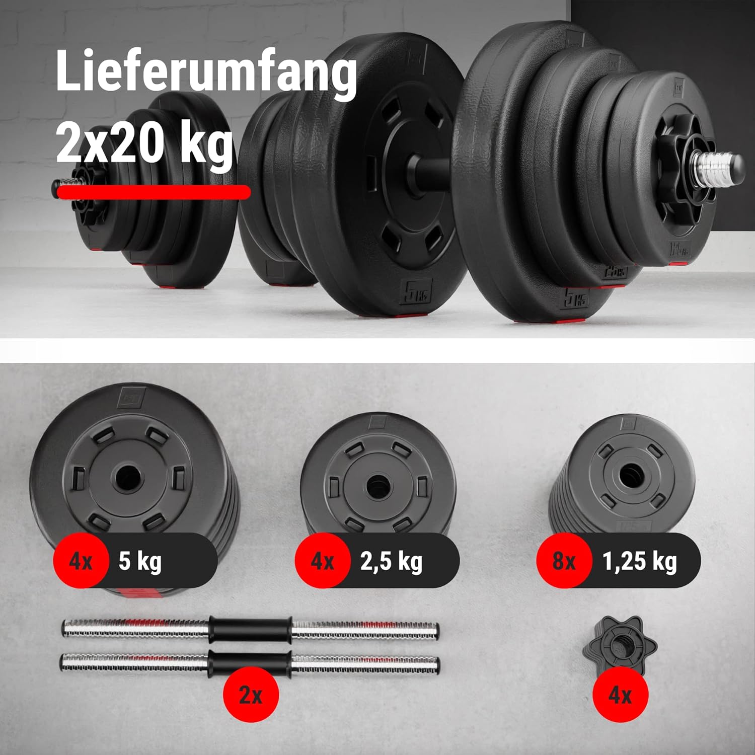 Hop-Sport Hanteln 2er Set - Hanteln Set - Gewichte 20 kg / 40 kg - Hantelstange 30 mm mit Spinlock-Kragen, gerändelt – Bild 2