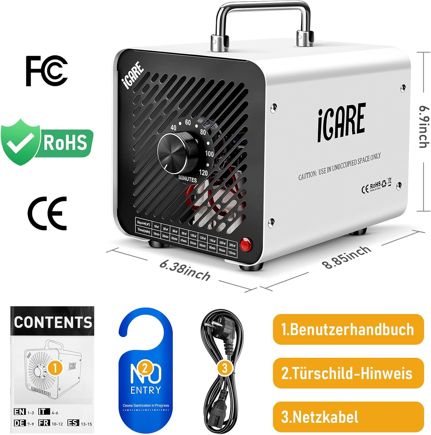 Ozongenerator 30.000 mg/h Ozongerät, Ozonisator Industrieller O3-Ozon-Luftreiniger mit 120-Min-Timer für 300㎡ Geruchsbeseitiger Geruchsneutralisator für Auto, Rauch, Haustiergerüche, Küchengerüche, Weiß – Bild 9