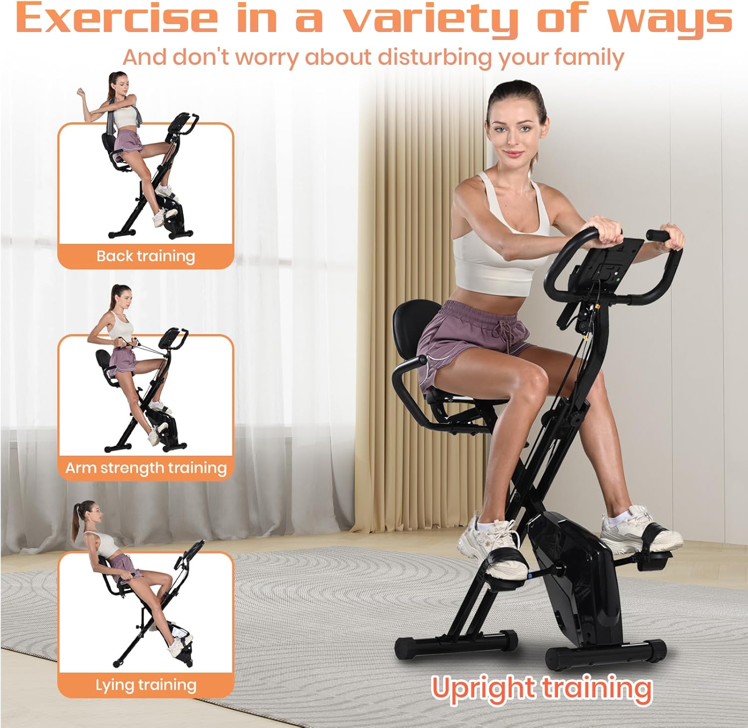 Dskeuzeew Heimtrainer Fahrrad klappbar für Zuhause 4-in-1 faltbares Ergometer Heimtrainer 150 kg Tragkraft mit einstellbarem Magnetwiderstand und LCD-Display Fitnessfahrrad mit Handpulssensoren – Bild 9