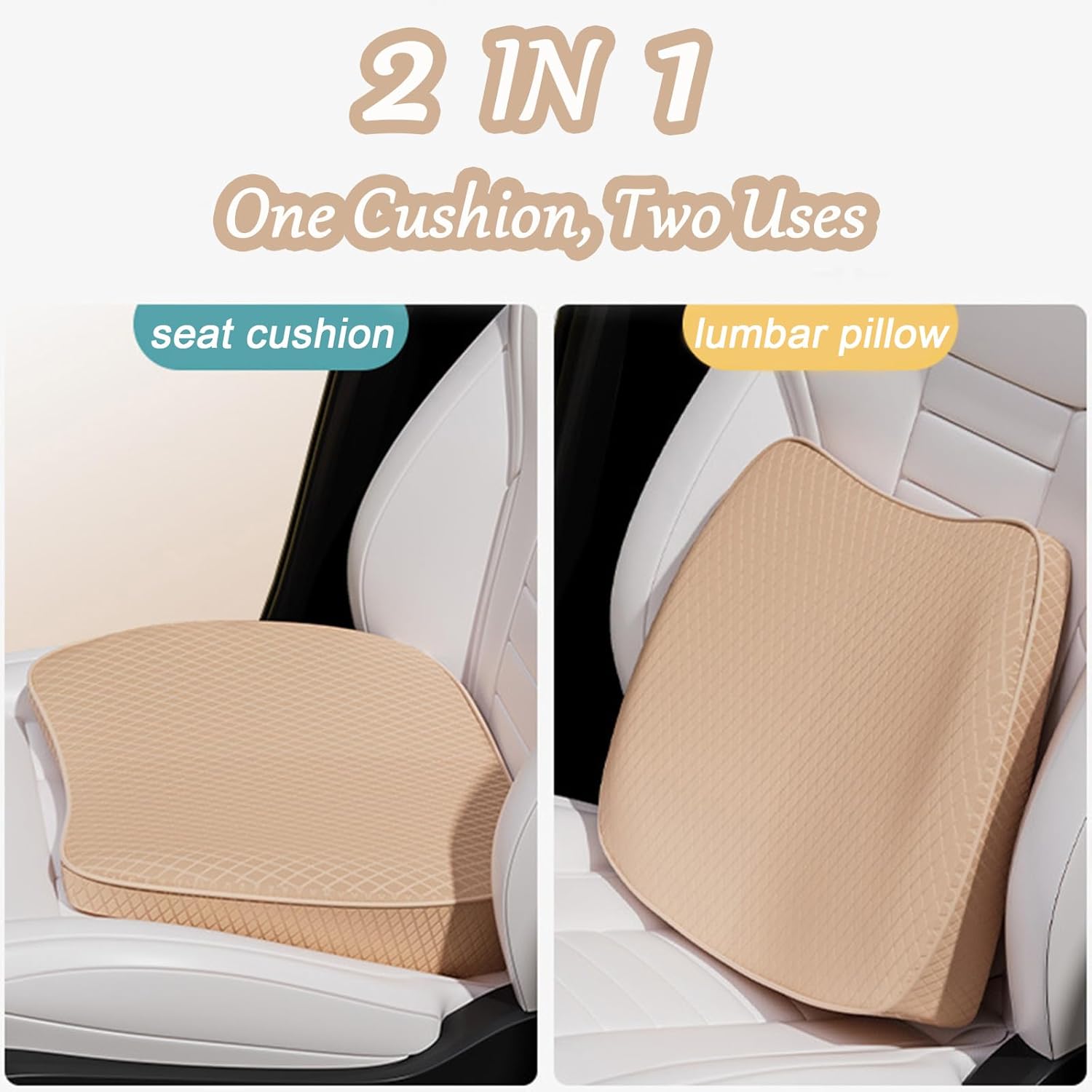 2-in-1-Keilkissen für Auto oder Lendenwirbelsäule – 8 cm weiches Memory-Schaum-Autositzkissen, Fahrersitzkissen – Komfortsitzkissen, Autokissen, Sitzkeilkissen für Auto und LKW, Beige – Bild 2