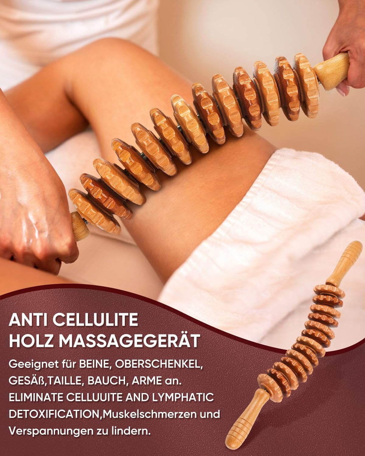 Faszienrolle Holzmassagegerät, Faszienstabrolle Holz, Massagerolle mit Griff, Massageholz Anti-Cellulite-Massagegerät, für Maderotherapie und Lymphdrainage 42,2 cm 350 g Buche – Bild 2