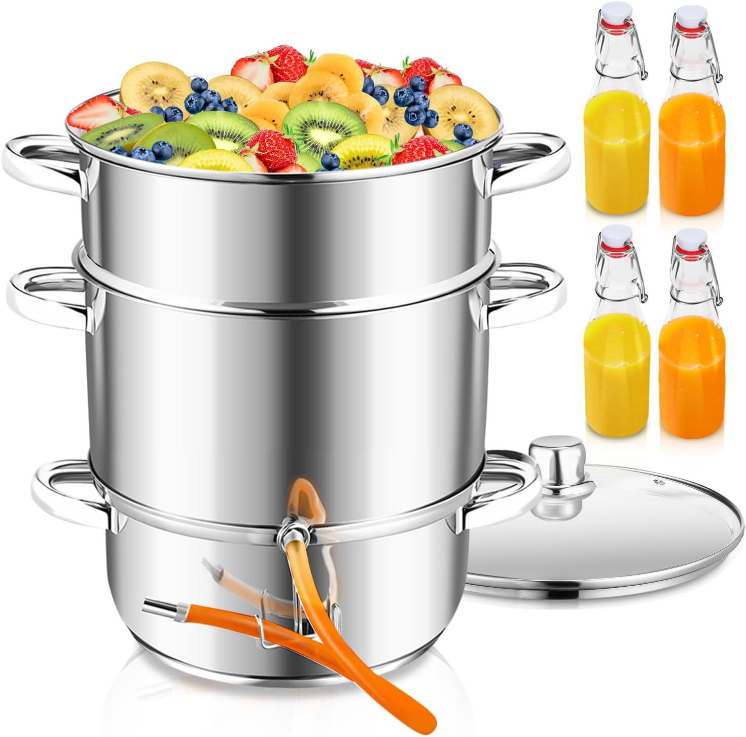 Dampfentsafter Ø 26/16 L, Entsafter aus Edelstahl, für alle Herdarten geeignet, Wasserbehälter ca. 4,5 Liter, schonendes Entsaften von Obst und Gemüse mit 4 Bügelflaschen, Silber