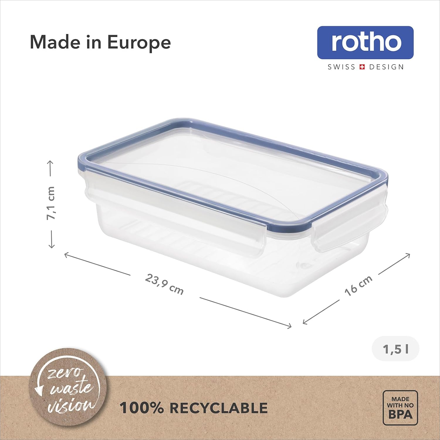 Rotho Clic & Lock 3er-Set Frischhaltedosen mit Deckel, 3 x 1,5 l, Clipverschluss mit Silikondichtung, luftdicht & auslaufsicher, spülmaschinenfest, mikrowellengeeignet, transparent/blau – Bild 4