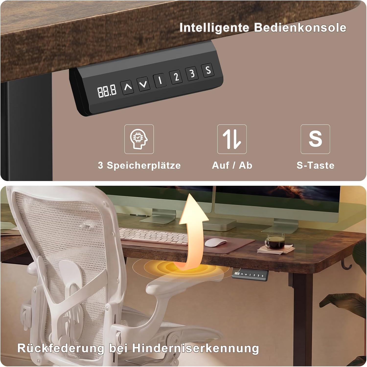 JUMMICO Eckschreibtisch, höhenverstellbar mit 3 Ablagehöhen, 160 x 140 cm, L-förmiger höhenverstellbarer Schreibtisch mit Kabelkanal und 2 Haken, ergonomischer Computertisch für das Home Office, braun – Bild 6
