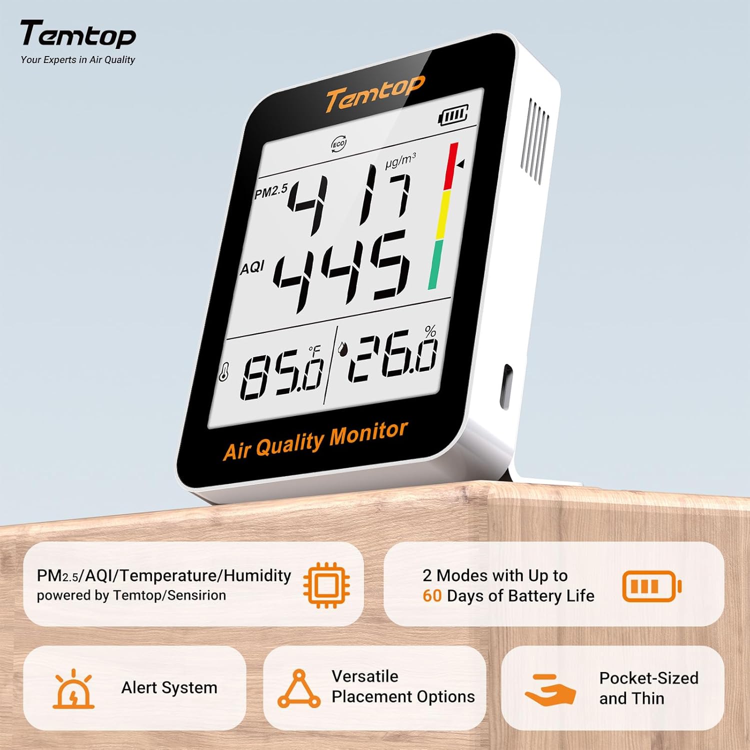 Temtop S1-UP Luftqualitätsmessgerät PM2,5, AQI, Temperatur und Luftfeuchtigkeit, extrem lange Batterielebensdauer von 100 Tagen, ideal für Zuhause und Büro – Bild 3