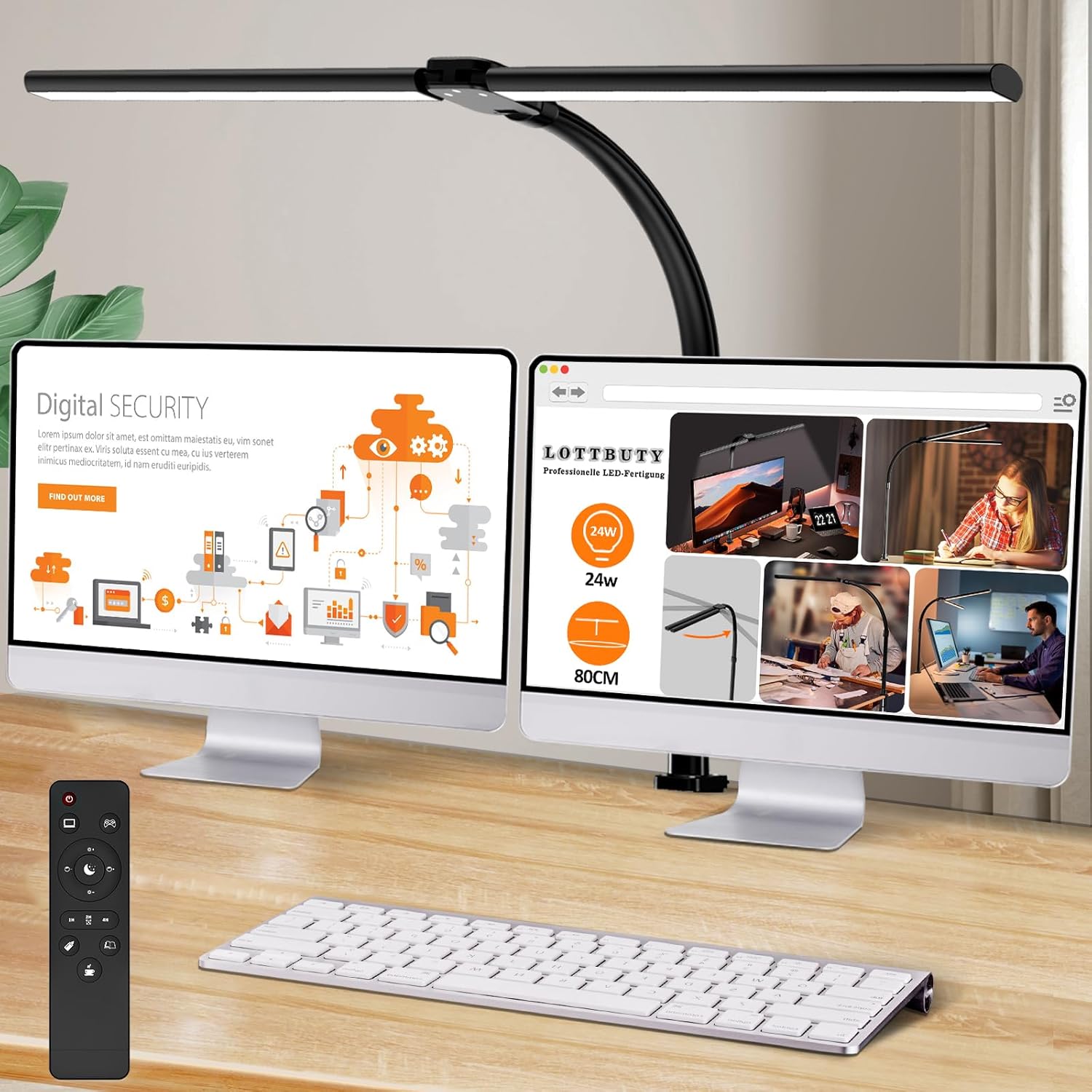 Doppelkopf-Schreibtischlampe LED dimmbar, 24 W 80 cm Schreibtischlampe, klemmbares Heimbüro, Tageslichtlampe Schreibtischlampe, Schwanenhals-Bürotischlampe schwarz, Augenschutz-Monitorlampe – 5 Farbmodi