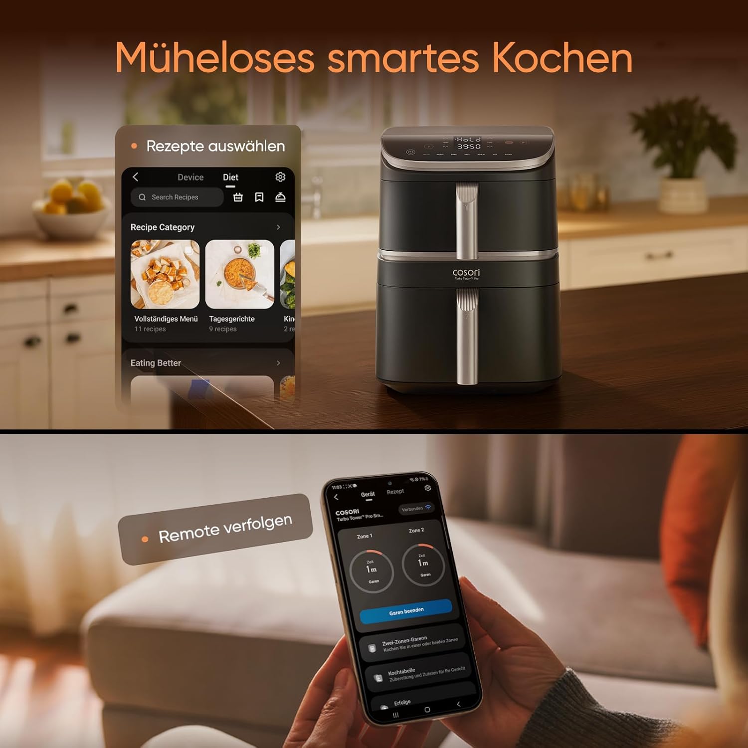 COSORI Turbo Tower Pro Smart Airfryer, 10,8 l Heißluftfritteuse mit Keramikbeschichtung, DualBlaze-Technologie und WiFi-Steuerung, Silbergrau, Grausilber – Bild 2