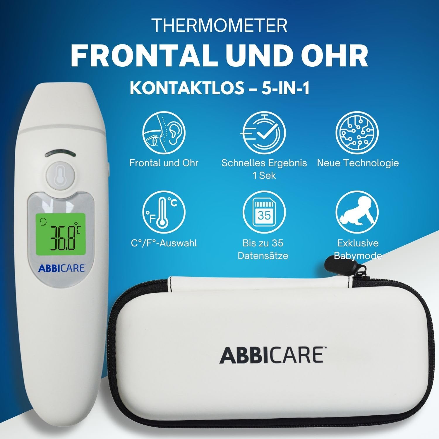 ABBICARE Stirn- und Ohrenfieberthermometer mit Tasche, exklusiver Babymodus, präzise und kontaktlos in 1 Sekunde, multifunktionales professionelles Infrarot-Thermometer für Erwachsene – Bild 2