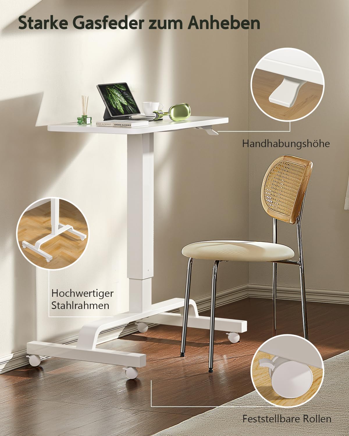 WALKINGDESK Stehpult, höhenverstellbarer Schreibtisch mit 4 Rollen, mobiler Stehtisch, 60 x 40 cm, kleiner Laptoptisch, höhenverstellbar, pneumatischer Beistelltisch für Sofa, Bett, Wohnzimmer, weiß – Bild 5