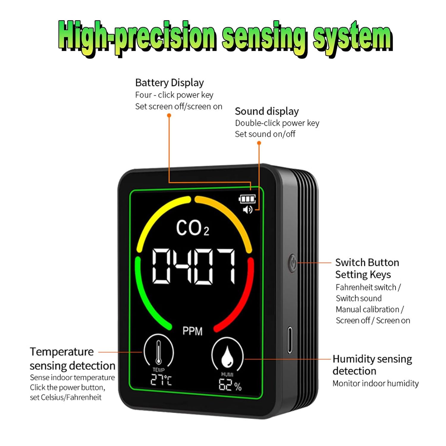 Eujgoov 3-in-1-Luftqualitätsmonitor-Detektormessgerät, CO2-Luftfeuchtigkeitstemperatur in Echtzeit, 2,8-Zoll-Farbbildschirm für das Fitnessstudio im Home Office (Schwarz) – Bild 4