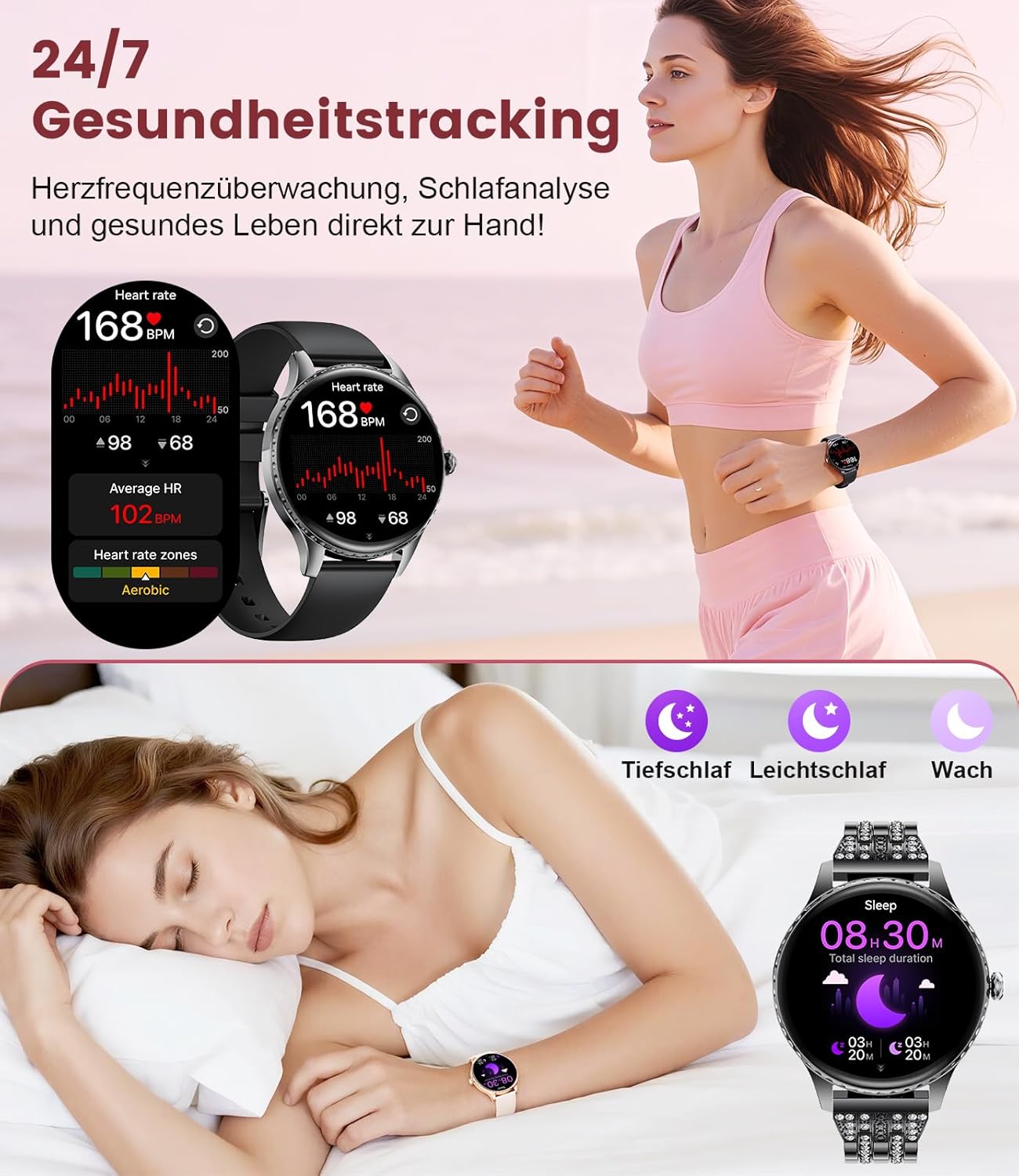 Damen-Smartwatch – luxuriöses Metallarmband mit Strasssteinen/1,32 Zoll HD AMOLED-Display/270+ Zifferblätter, Fitnessuhr mit über 110 Sportmodi, Schlaf-Tracking, Telefonfunktion, Uhr für iOS Android – Bild 6
