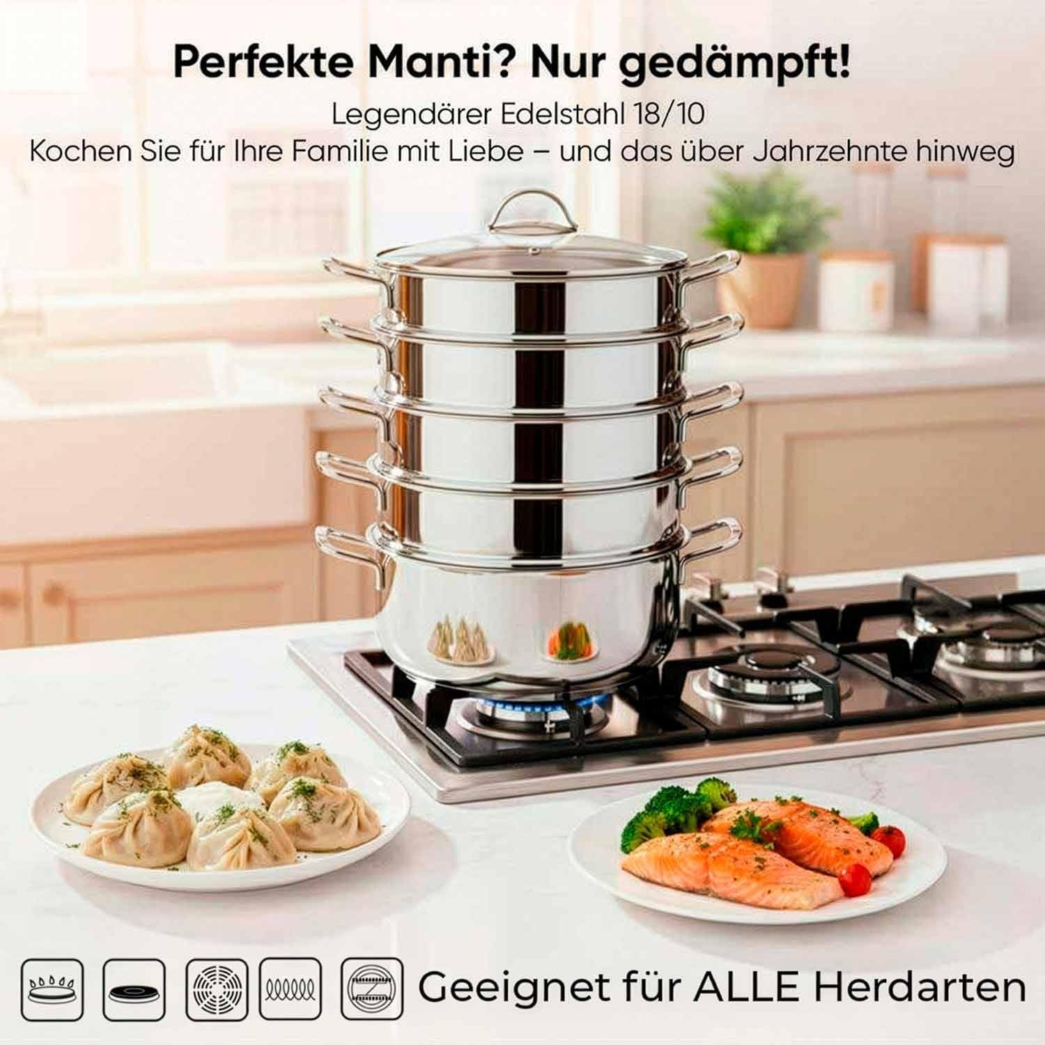 BEM Mantowarka Dampfgartopf mit Glasdeckel und Dampfeinsatz, induktionsgeeignet, 6er-Set, Edelstahl 18/10, Durchmesser 28 cm – Bild 3