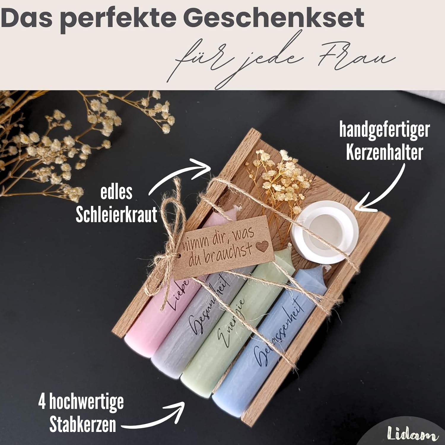 Kerzen-Geschenkset | Nehmen Sie, was Sie brauchen | Kerzenhalter & Trockenblumen – Stilvolle Geschenke für Frauen, Freundin, Geschenke für Mama, Lieblingsmensch, Geschenkset Frauen – Bild 3