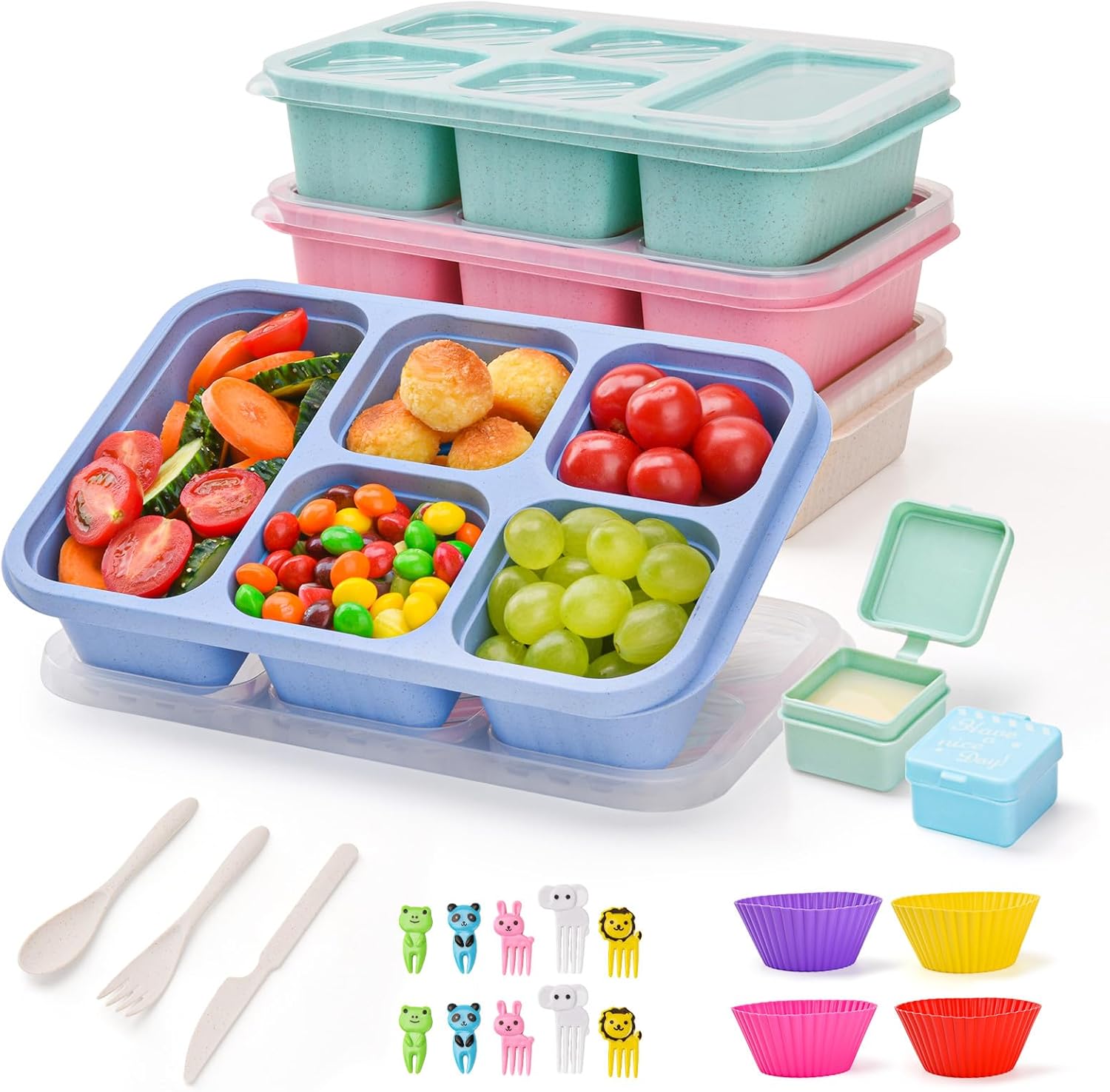 4 Stück Bento-Snackbox mit Fächern, 5 Fächer Lunchable Snack-Behälter, Bento-Lunchbox mit Fächern für Kinder und Erwachsene, Meal-Prep-Lunchbehälter für Schule, Arbeit und Reisen