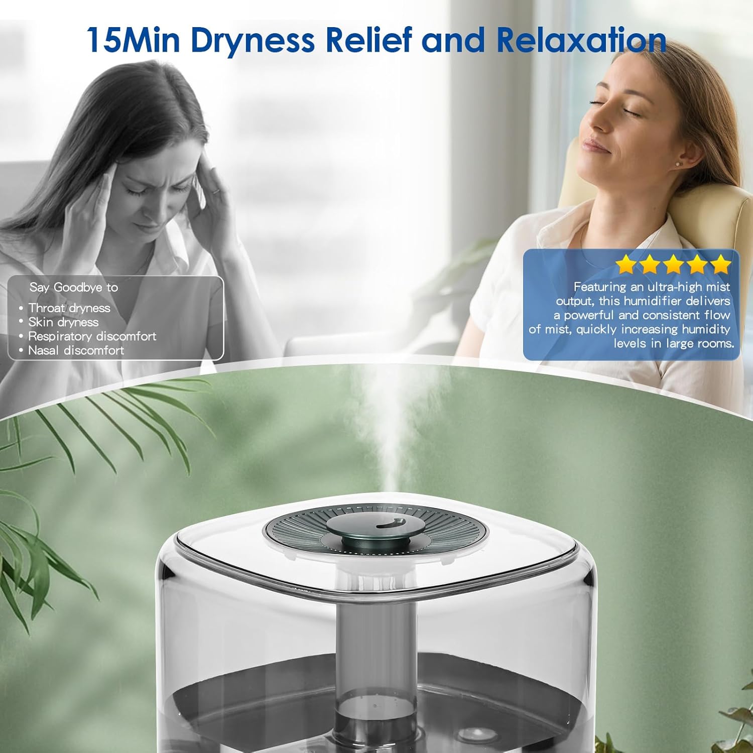 Ultraschall-Schlafzimmer-Luftbefeuchter, 5 l, 28 dB, leiser Luftbefeuchter, Top-Fill-Raumbefeuchter mit 360° drehbarer Düse, Erhöhung der Luftfeuchtigkeit für Kinderzimmer, Büro, Babypflanzen, Grün – Bild 6