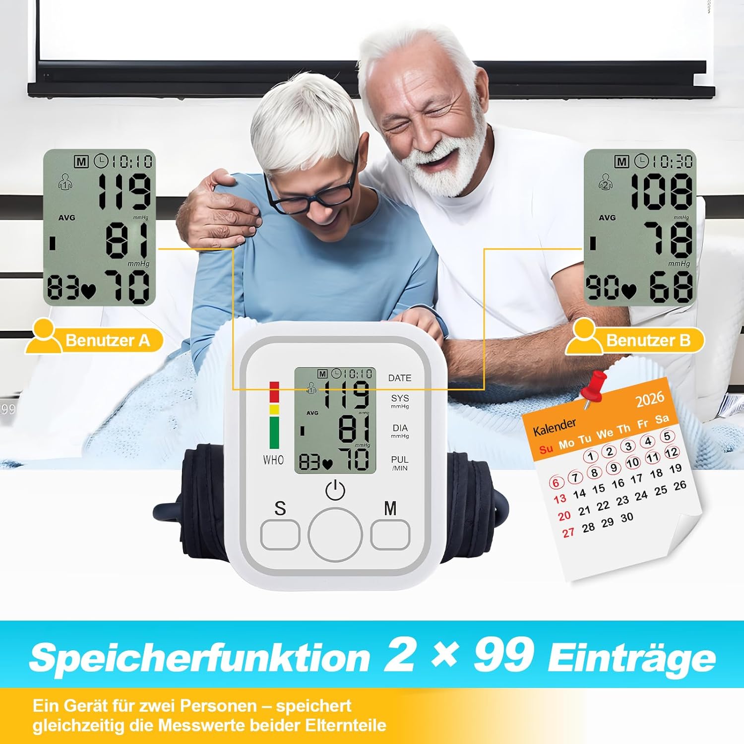 Blutdruckmessgerät Oberarm Digitalmonitor Hoher Blutdruck LED-Anzeige, Arrhythmie-Erkennung & Pulsmessung, große Manschette 22-36 cm, 2 x 99 Speicher – Bild 4
