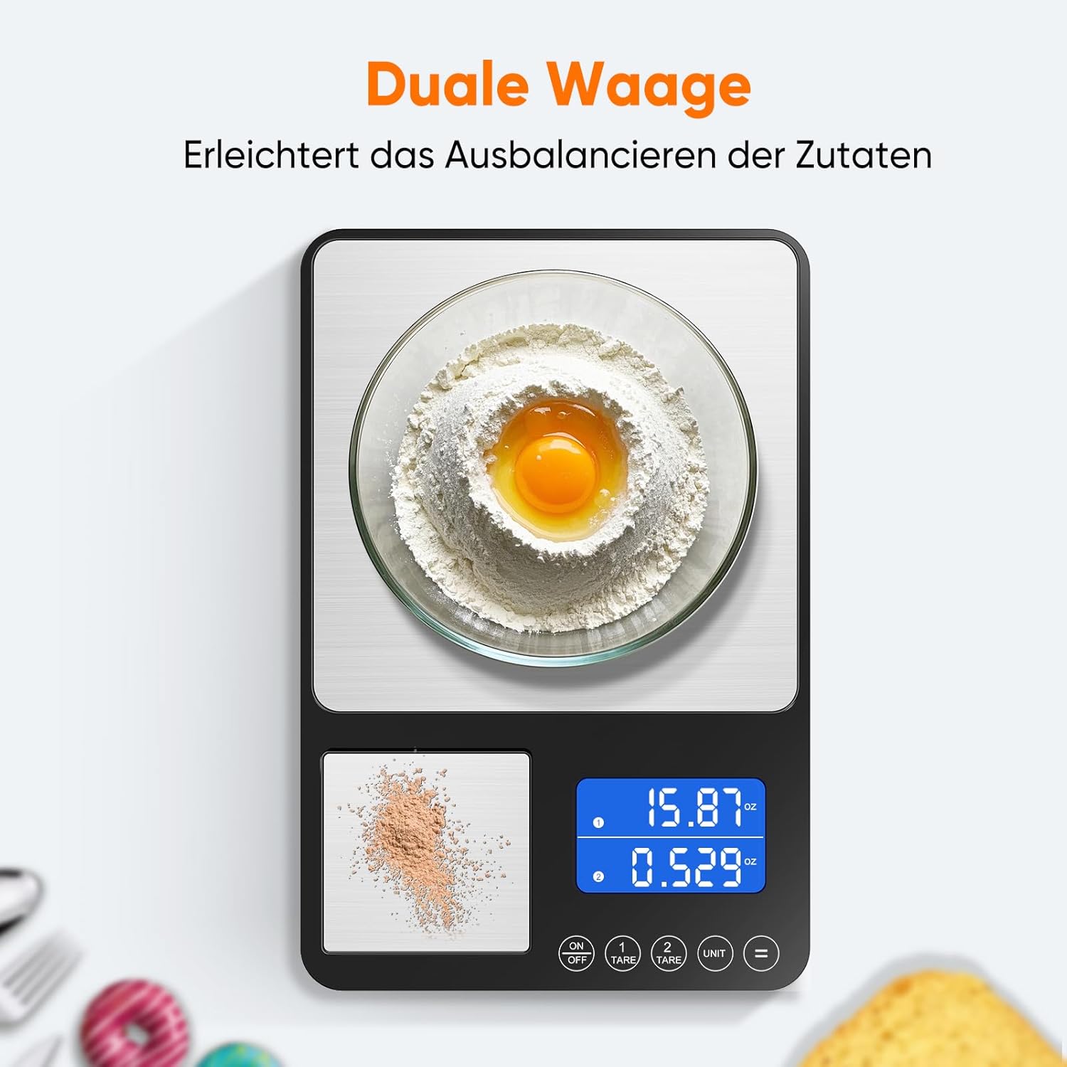 Digitale Küchenwaage mit LCD-Display und Tara-Funktion, präzise 1-g-Messung zum Backen und Kochen, Silber – Bild 2