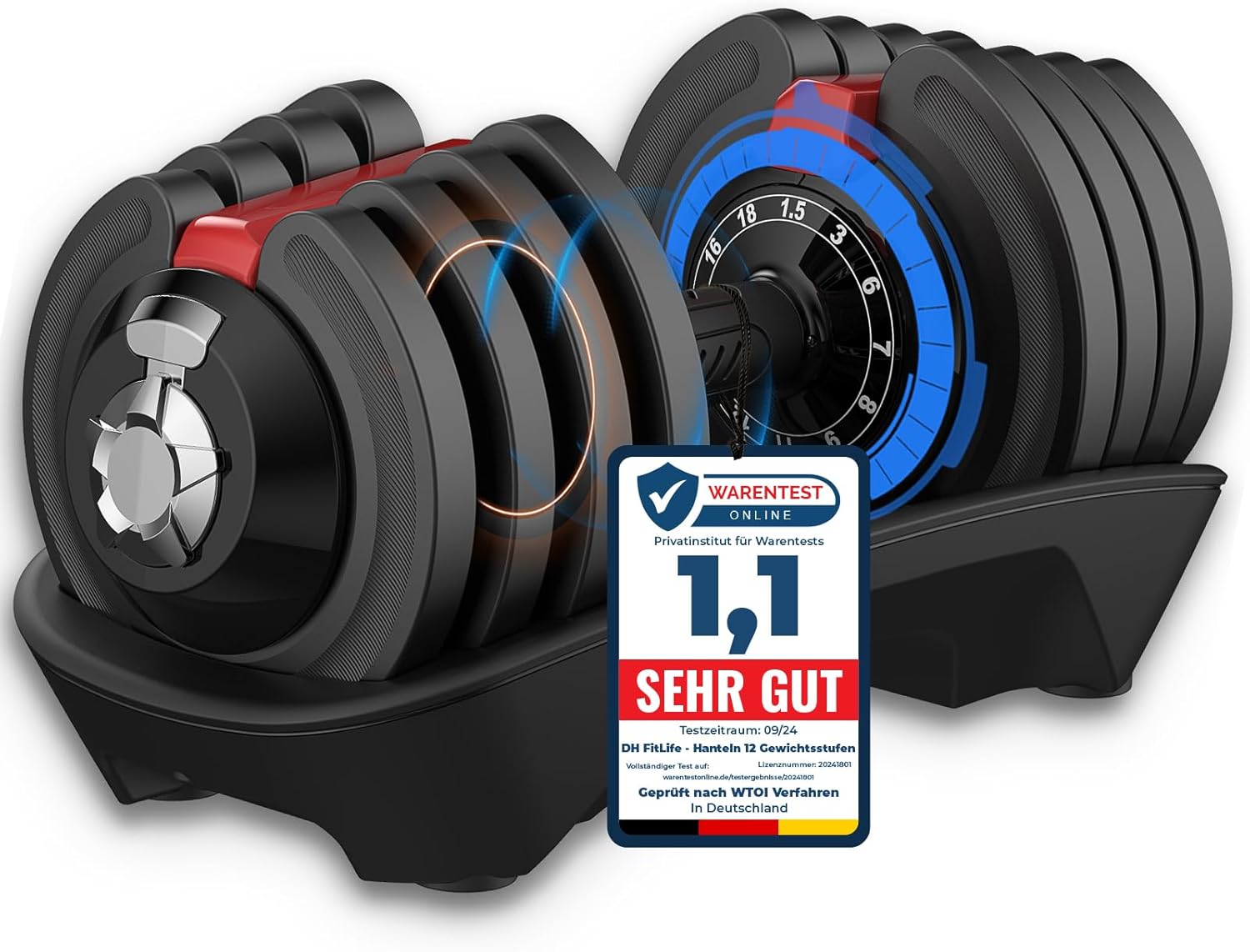 DH FitLife Verstellbare Kurzhantel 18/24 kg, 12 Gewichtsstufen, 12 in 1 Hantel, Einzelhantel oder Hantelset, verstellbare Hantel für Krafttraining zu Hause