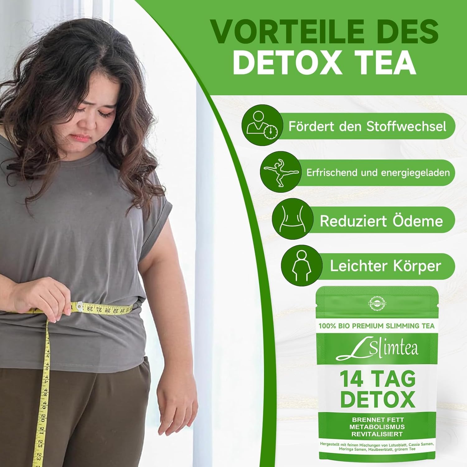 Detox-Tee zur Gewichtsreduktion, grüner Detox-Pulver-Helfer – Packung mit 14 natürlichen Kräutertees zur Fettverbrennung, Stoffwechselanregung und Bauchfettreduzierung | Sanfte Darmreinigung und Entgiftung – Bild 3