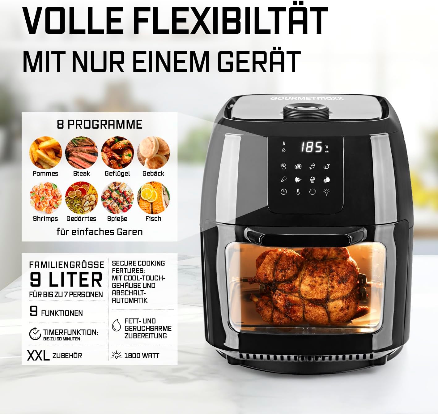 GOURMETmaxx Digitale XXL Heißluftfritteuse, 9 Liter | Frittieren ohne Fett, Fritteuse, Backofen und Drehgrill in einem | Inklusive Drehspieß für Hähnchen- und Kebabspieße (1.800 Watt/Schwarz) – Bild 2