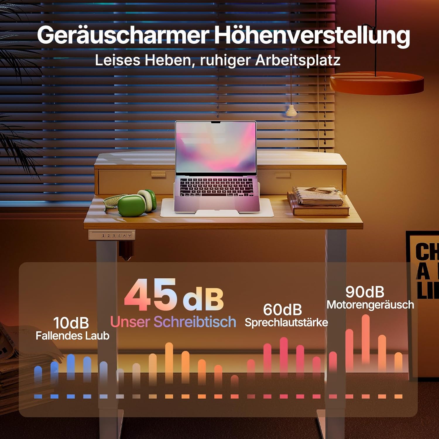 HUANUO Höhenverstellbarer Schreibtisch 80 x 53 cm mit Schubladen, kompatibler C-Klemmhalterung, Schreibtisch höhenverstellbar mit 4 Memory-Höheneinstellungen – Bild 8