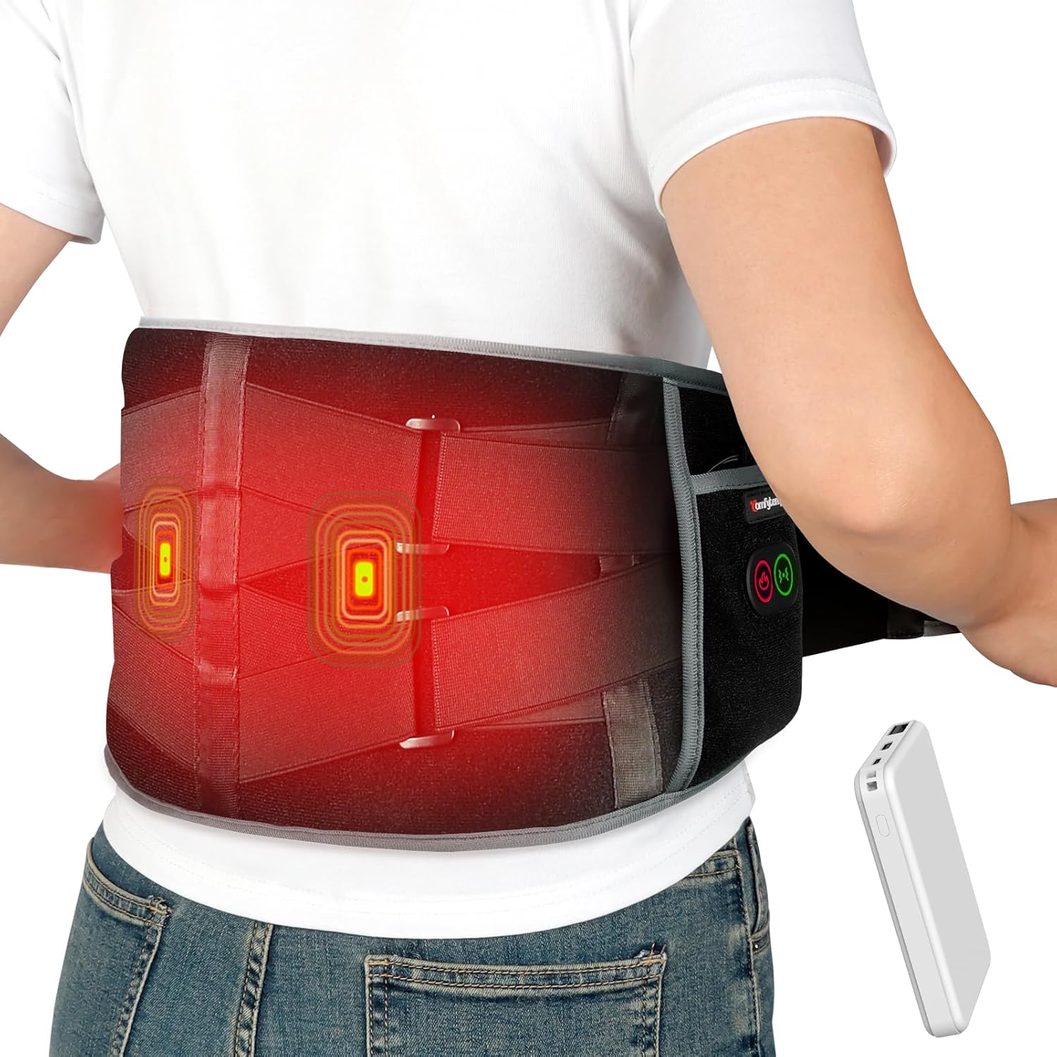 Comfytemp Wärmegürtel Vibrationsmassage für Rücken mit 25 Wh Akku, 155 x 20 cm kabelloses Massagegerät mit Kompressionsband, Rückenwärmer Heizgürtel USB-Heizkissen Geschenke für Mütter, Frauen, Mama, Papa