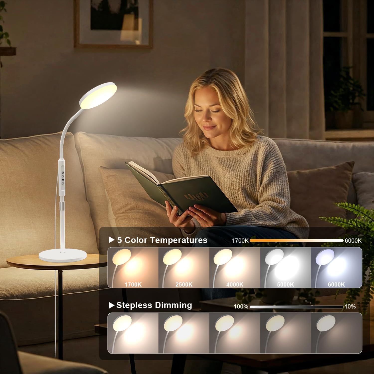 Stehleuchte 20000 Lux Stehlampe & Schreibtischlampe – Höhenverstellbare LED-Lichttherapielampe mit 5 Farben & 10 Stufen, Timer und stabilem Sockel – Tageslichtlampe für Wohnzimmer, Schlafzimmer – Bild 3