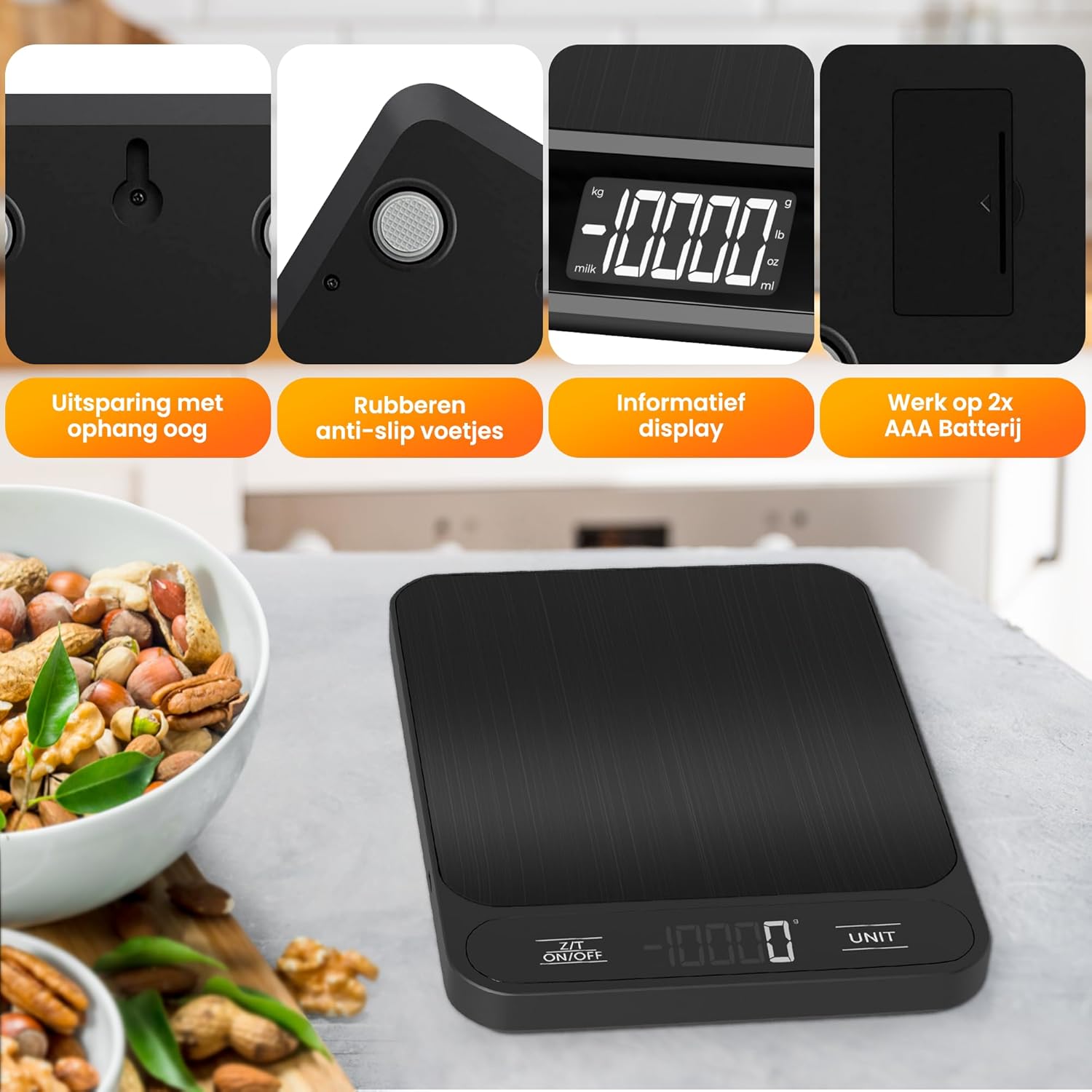 Strex Digitale Küchenwaage – 1 g bis 10 kg – Tarra-Funktion – inkl. Batterien – Schwarz – Bild 3