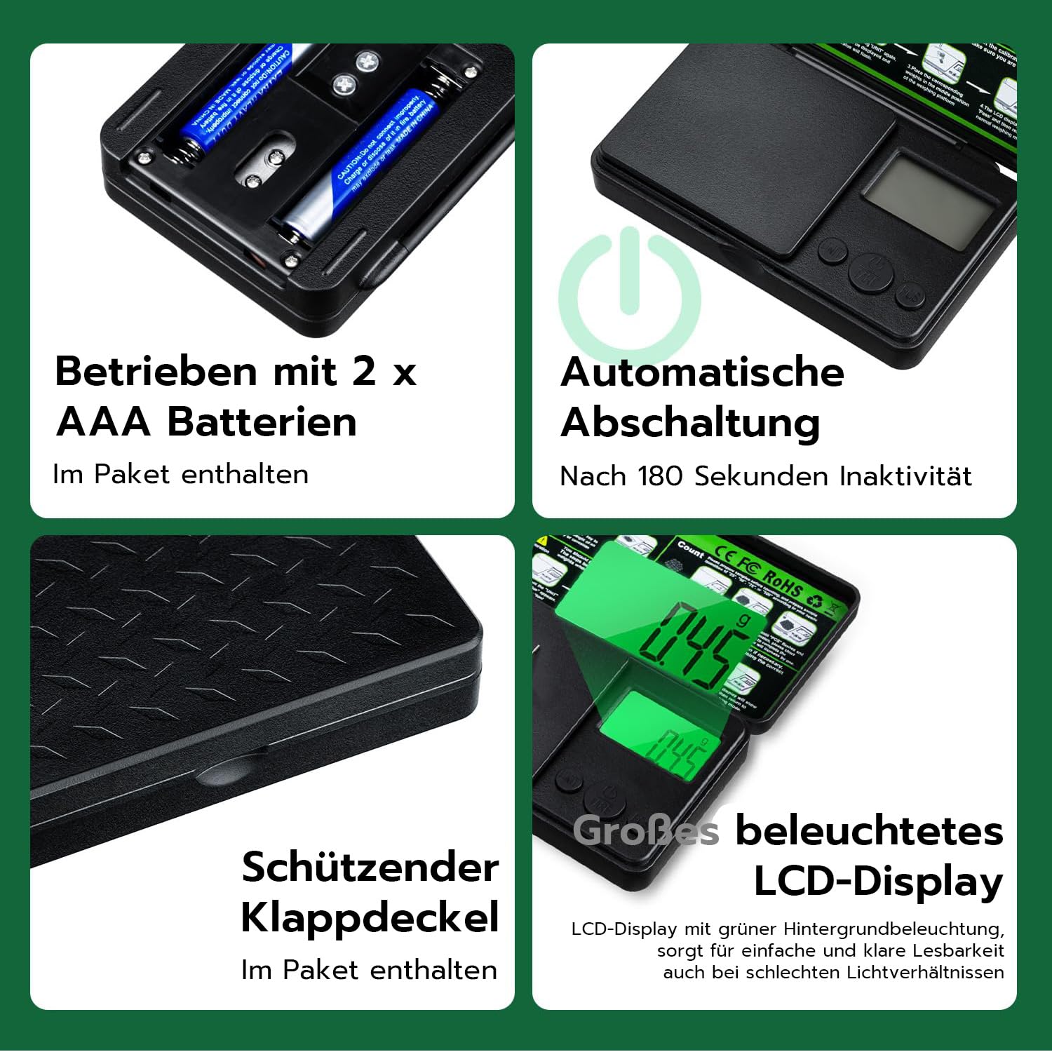 500 g/0,01 g Präzisionspräzise elektronische digitale Grammwaage, Taschenwaage mit Tara-Funktion und 7 Einheiten, LCD-Hintergrundbeleuchtung, Batterien im Lieferumfang enthalten – Bild 3