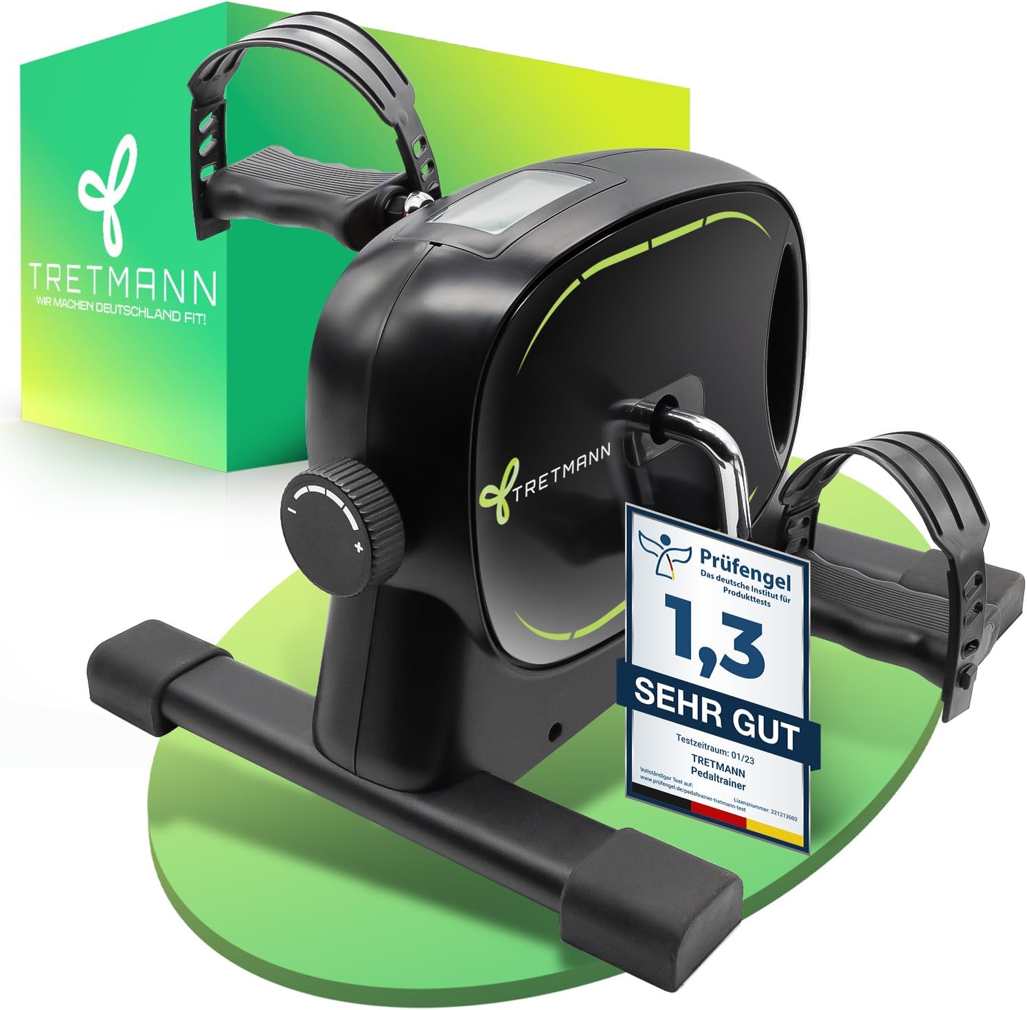 Tretmann Tretmann Basic Pedaltrainer-Set – extra stabil & leise – inklusive Befestigungsgurt – Dekra-geprüfter Beintrainer für Senioren, Heimtrainer, Minibike, schwarz, grün