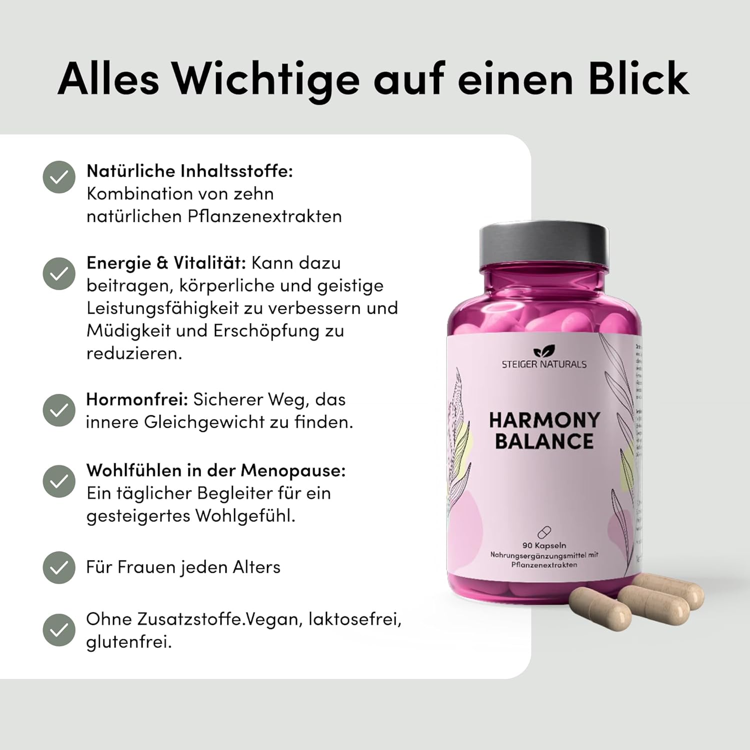 Steiger Naturals Hormone Balance – Natürlicher Menopause-Komplex für Frauen | 10 Pflanzenextrakte | Hormonfrei, vegan, laktosefrei, glutenfrei | Unterstützung für Ihr Wohlbefinden – Bild 6