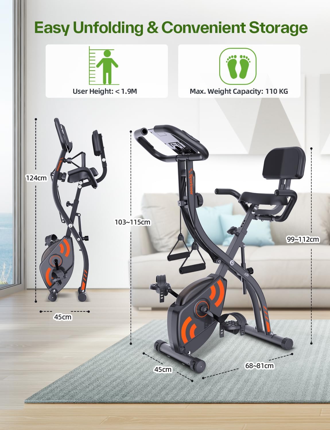 Sportneer Heimtrainer Fahrrad Klappbar, 4-in-1 Ergometer Heimtrainer, Spinning Bike Indoor mit 16 Widerstandsstufen, Ergometer Klappbar mit LCD-Display & Handpulssensoren, Für Anfänger & Profis – Bild 4