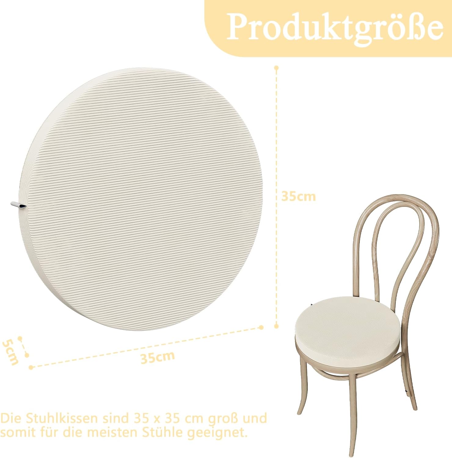 Rundes Stuhlkissen-Set (2, Beige) 35 x 35 x 5 cm – Sitzkissen aus hochdichtem Schaumstoff für Küchenstuhl, Gartenstuhl – waschbarer Bezug für drinnen und draußen – Bild 3