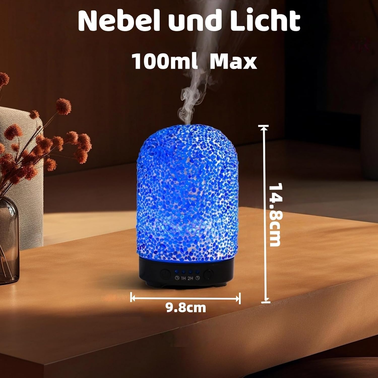 VOREEN Aromadiffusor mit manuell aufgeklebtem Mosaikglas, Ultraschall-Duftvernebler für ätherische Öle mit LED-Licht & Timer, Raumduftdiffusor für Schlafzimmer, Büro – Bild 2