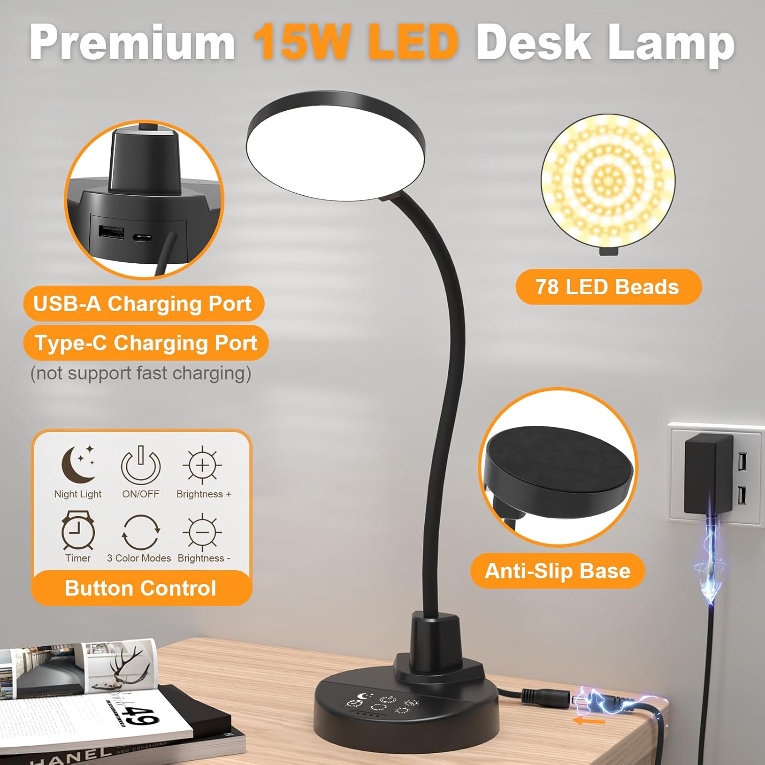 15 W LED-Schreibtischlampe mit USB-A & USB-C – Dimmbar, 3 Farbtemperaturen, 5 Helligkeitsstufen, 4 Timer, flexibler 360°-Schwanenhals, augenfreundlich, Tischlampe für Büro & Schlafzimmer – Schwarz – Bild 8