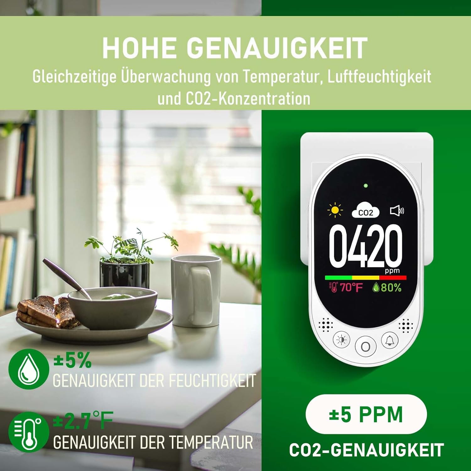 LSENLTY Kohlendioxid-Messgerät, 3-in-1-CO2-Messgerät (Temperatur, Luftfeuchtigkeit und CO2-Wert), hochpräzises CO2-Detektormessgerät, Luftqualitätstester mit Alarmfunktion und manueller Kalibrierung – Bild 4