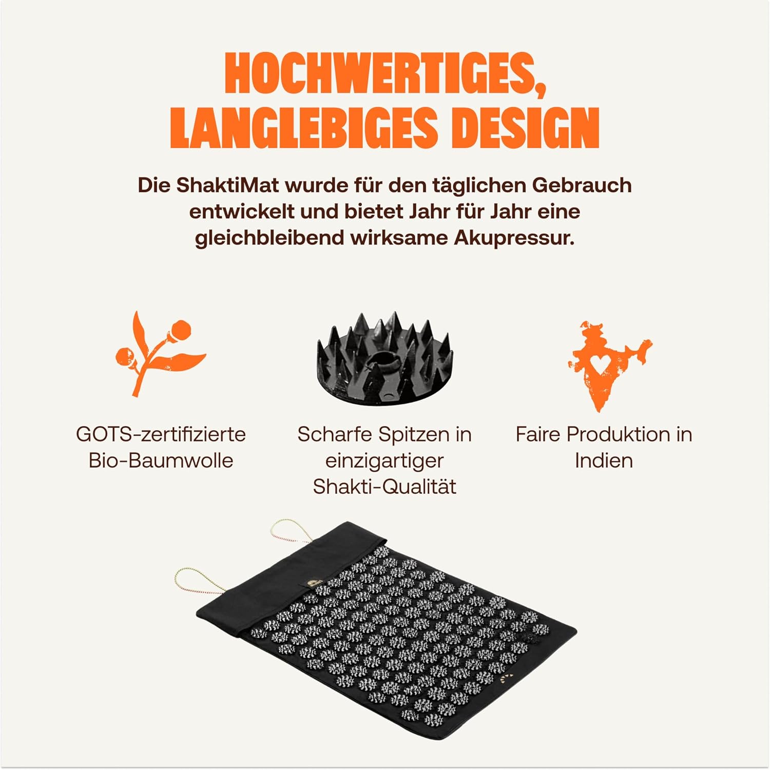 ShaktiMat (Das Original seit 2007) Reisematte – Kompakte Akupressurmatte ohne Innenfüllung zur Entspannung für Rücken, Nacken, Füße, Ethische Handarbeit, GOTS-zertifizierte Bio-Baumwolle – Onyxschwarz – Bild 4