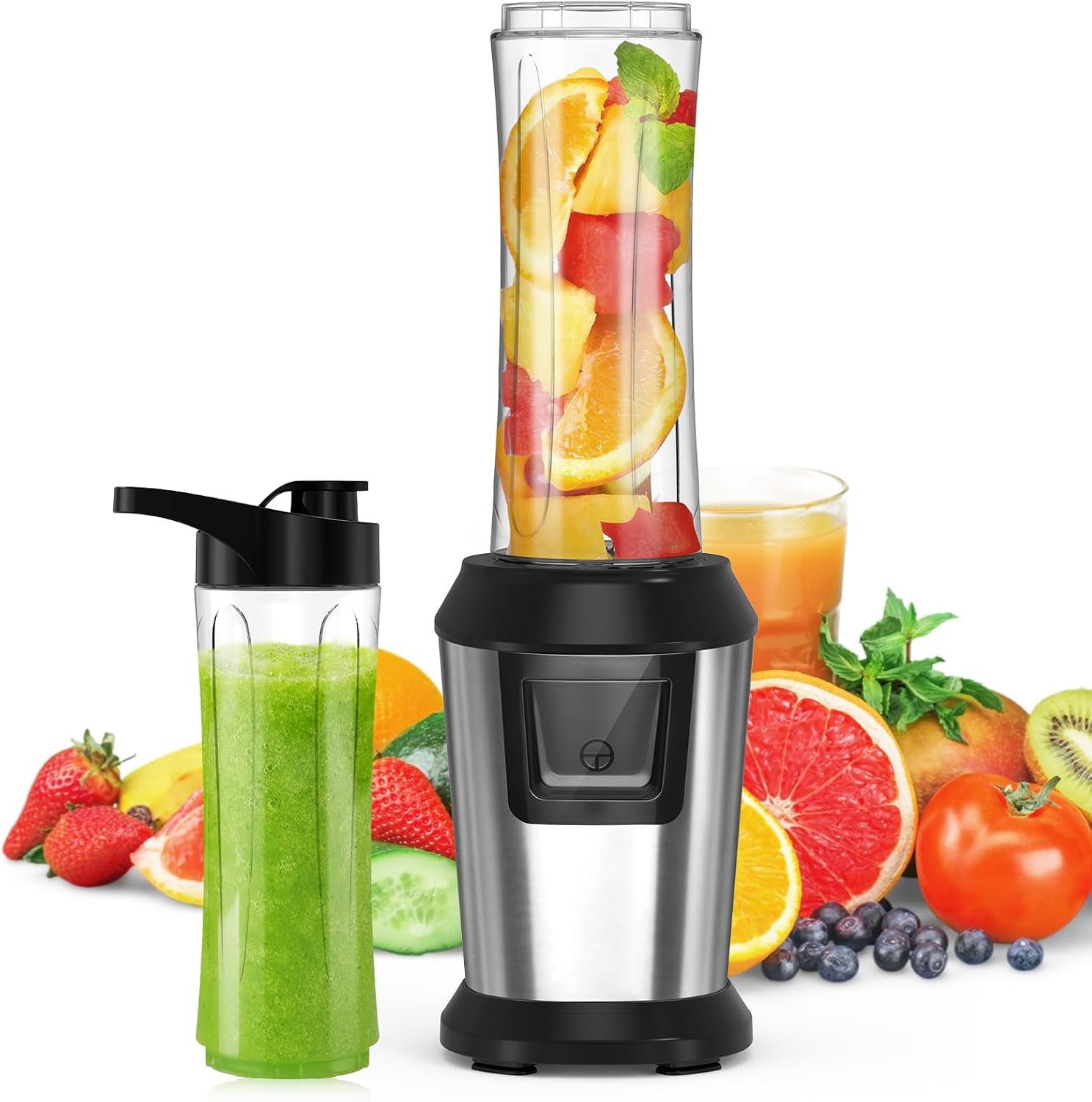 Mixer, Smoothie Maker, 500 W Standmixer to Go mit 2 x 600 ml Smoothie-Flaschen, BPA-freies Tritan, tragbarer Mixer Smoothie Maker aus Edelstahl, 4 Blätter für Shake, Smoothie und Babynahrung, Silber