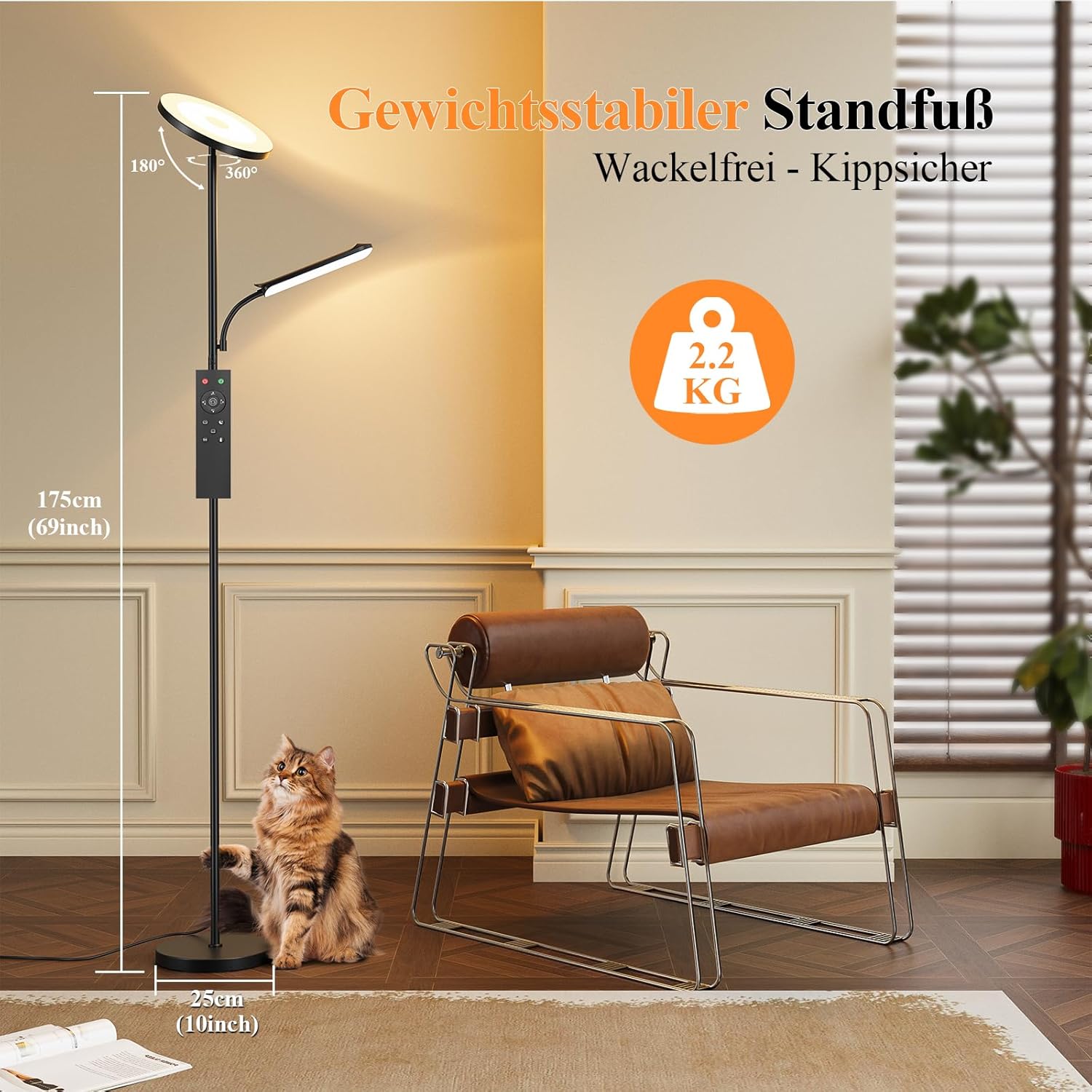 Wohnzimmer Stehlampe, 42W Deckenfluter mit Leselampe, 4200LM LED Stehlampe Dimmbar mit 2700K-6500K Farbtemperatur, Moderne Stehlampe mit Fernbedienung und Touch-Steuerung für Wohnzimmer, Schlafzimmer – Bild 3