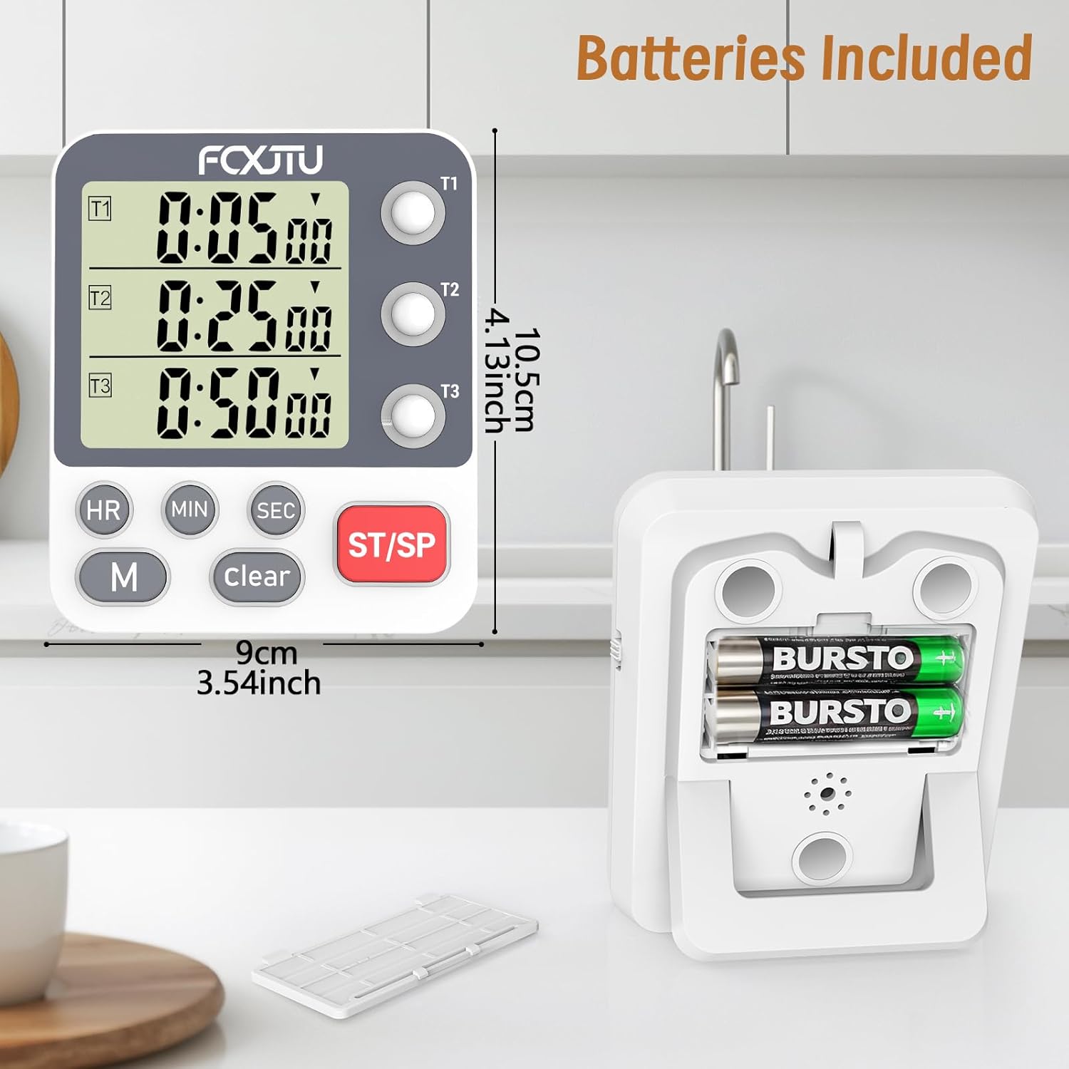 Digitaler Dual-Küchentimer, 3 Kanäle, Count-Up/Down-Timer, Kochtimer, großes Display, lauter Lautstärkealarm und Blinklicht mit magnetischer Rückseite, Ständer (weiß) – Bild 7