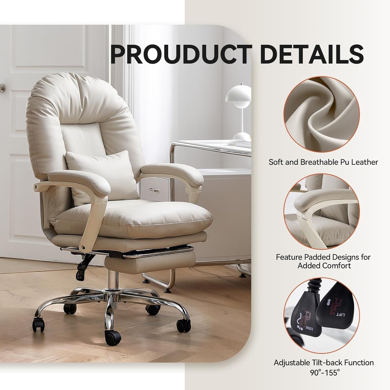 EMIAH Ergonomischer Bürostuhl mit Fußstütze, verstellbarer Schreibtischstuhl, PU-Leder, bequeme moderne Kosmetikstühle mit Rollen, niedlicher Computerstuhl mit mittlerer Rückenlehne für Zuhause, maximale Belastung 150 kg, Beige – Bild 5