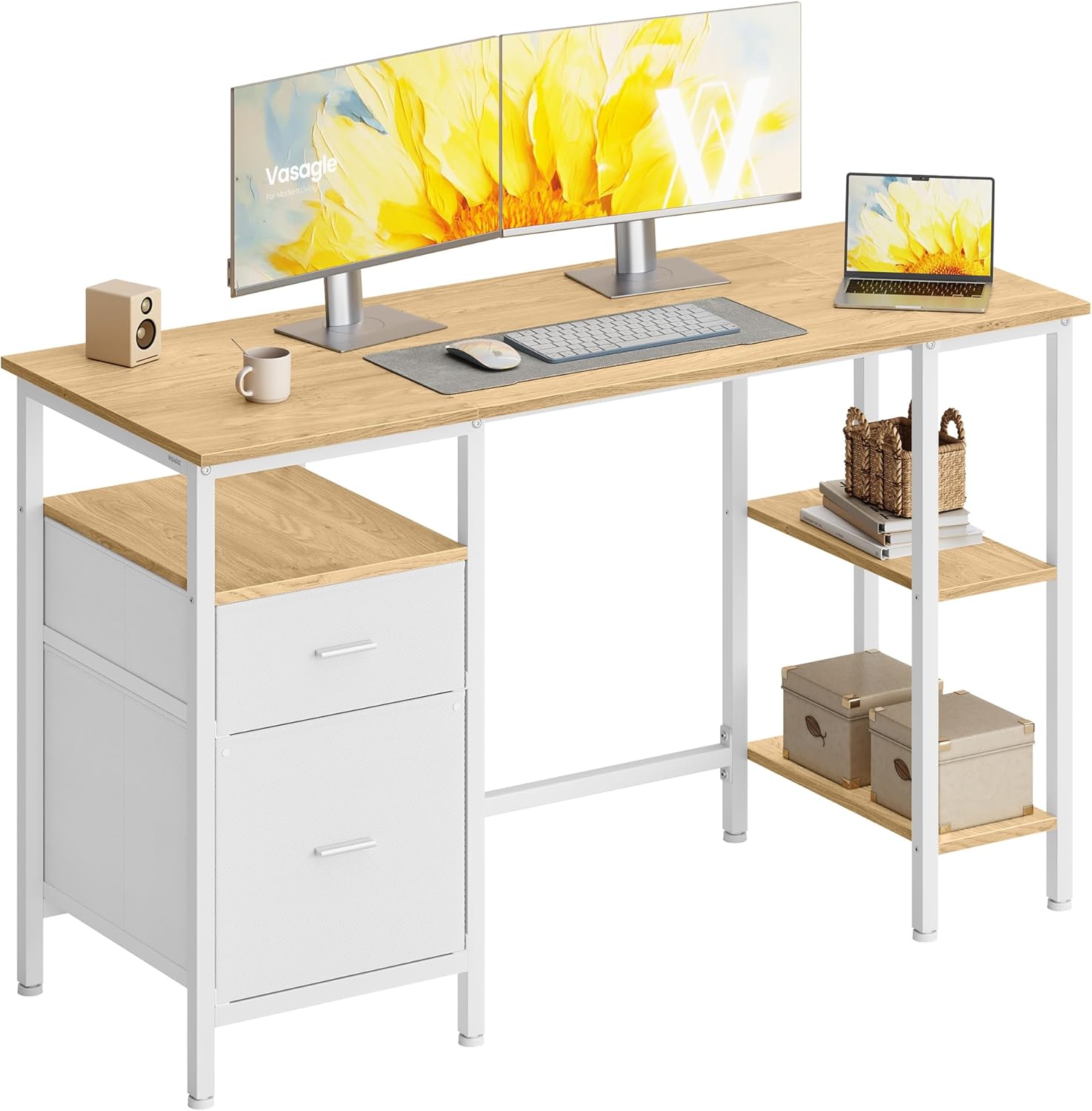 VASAGLE Computertisch, Bürotisch, Schreibtisch mit 3 Ablagen, 2 Schubladen, 127 x 50 x 76 cm, Büro, Wohnzimmer, moderner Stil, natürliche Eiche, mattweiß, LWD103YD01