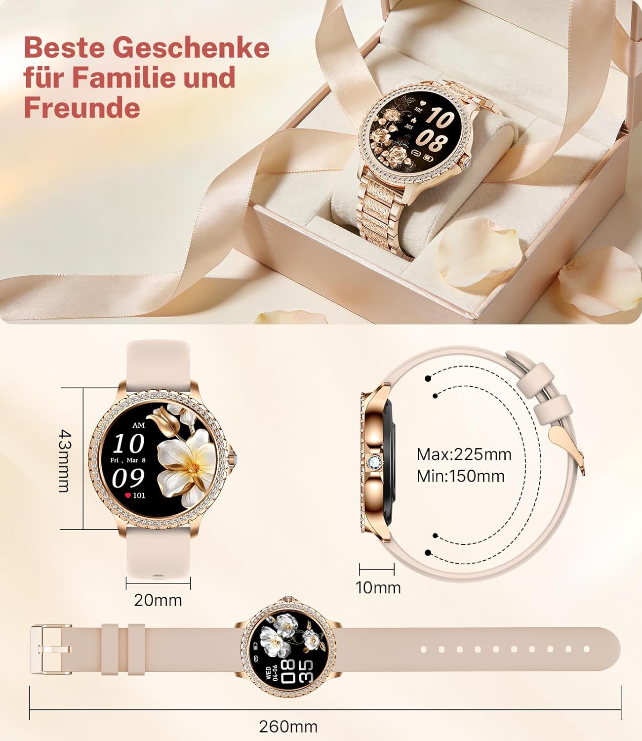 Damen-Smartwatch mit Telefonfunktion, 1,32-Zoll-Uhr mit Diamanten, Fitnessuhr für Android iOS, Menstruationszyklus/Herzfrequenz/Schrittzähler, 500+ Zifferblätter, 2 Armbänder, Roségold – Bild 8