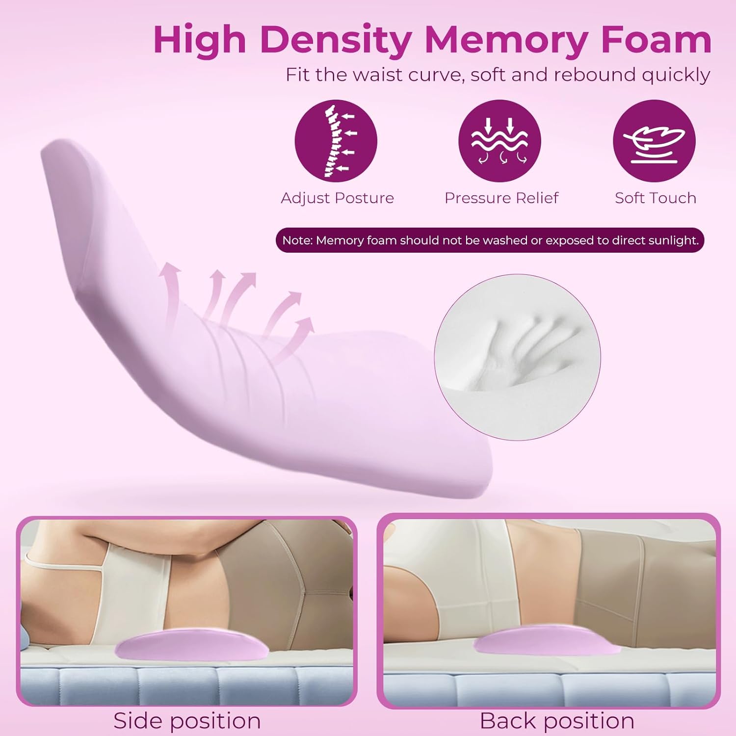 Orthopädisches Memory-Schaum-Lendenkissen, ergonomische Rücken- und Lendenwirbelstütze, Rückenstützkissen für Bett und Sofa, Rückenkissen zum Schlafen, abnehmbarer waschbarer Bezug (Pink) – Bild 3
