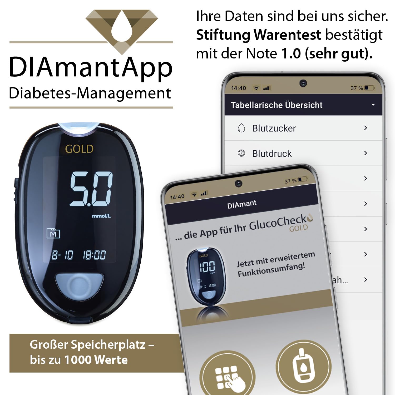 GlucoCheck Gold Blutzuckermessgerät-Set (mmol/L) + 110 Blutzucker-Teststreifen, 10 Lanzetten, 1 Stechhilfe, 1 Etui, Maxi-Sparset zur Blutzucker-Selbstkontrolle – Bild 8