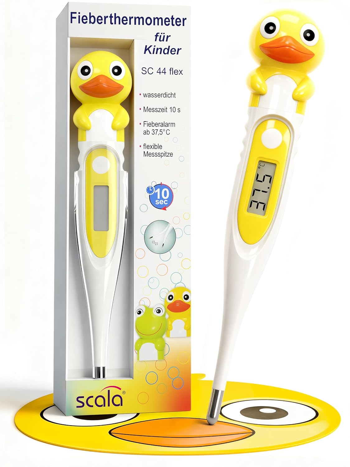 scala SC 44 flex Digitales Fieberthermometer Baby & Kinder – 10 Sekunden Messzeit, flexible Spitze, Fieberalarm, wasserdicht – oral, rektal & axillär – Entenmotiv