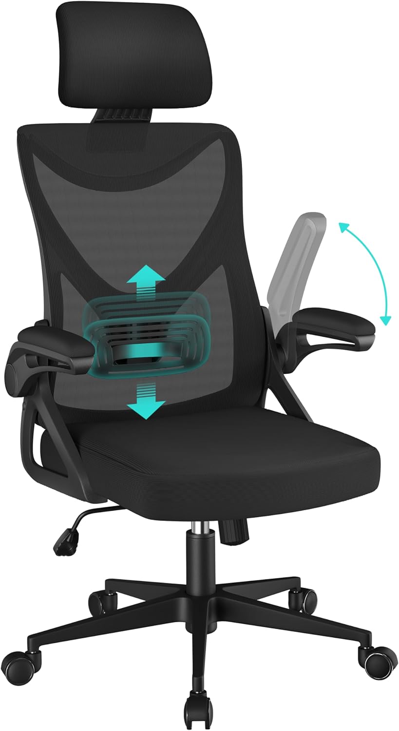 Yaheetech Ergonomischer Bürostuhl, Schreibtischstuhl mit klappbaren Armlehnen, Drehstuhl mit Rückenlehne und verstellbarer Kopfstütze, Chefsessel, Wippfunktion, maximale Belastung 136 kg, Schwarz