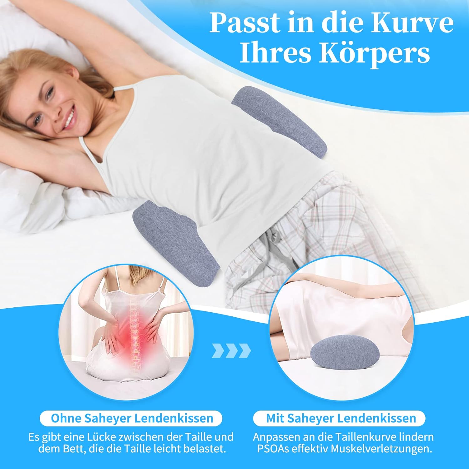 SAHEYER Lendenkissen Orthopädisches Memory Foam Lendenkissen, Ergonomisches Rückenkissen & Lendenwirbelstütze für Bett, Sofa, Stuhl, Auto und Bürostuhl, Grau – Bild 4