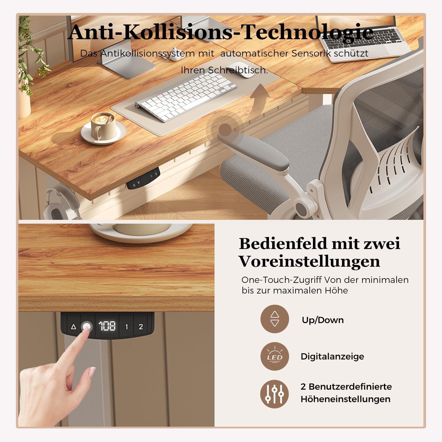 Klicelor Höhenverstellbarer Schreibtisch 160 x 90 cm, elektrischer Stehsitz, Bürotisch, Computertisch mit 2 Memory-Funktionen, Stehpult, für Heimbüro und Büro, hellbraun – Bild 5